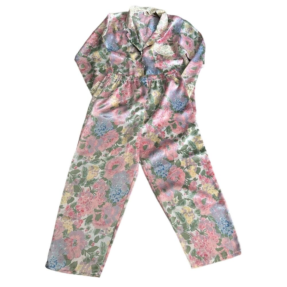 Victoria's Secret Gold Label Pajama Set Size XS Satin Floral Vintage 3 Piece